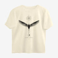 Oztra Ascension beige oversized tee, front view showing the Ascension print