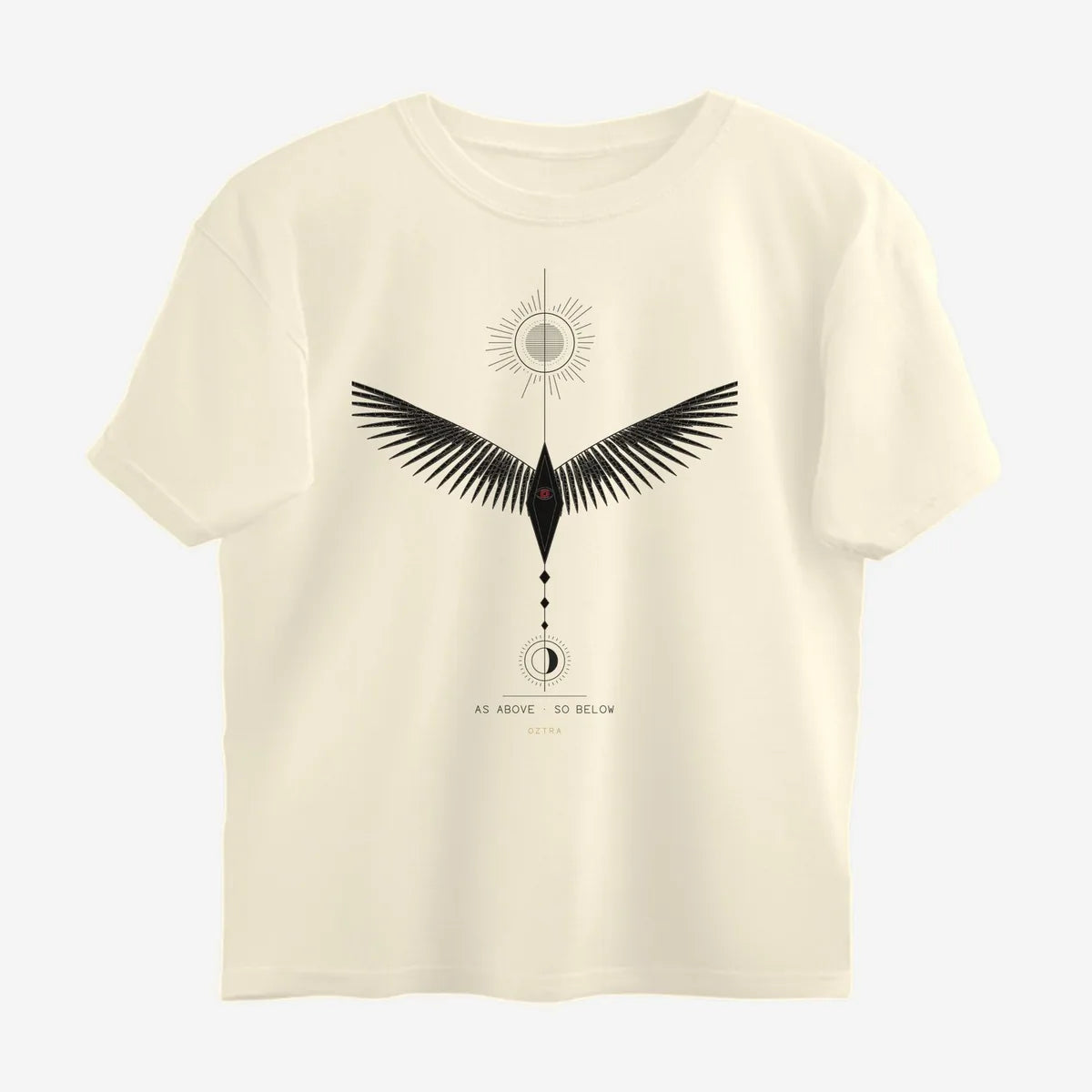 Oztra Ascension beige oversized tee, front view showing the Ascension print