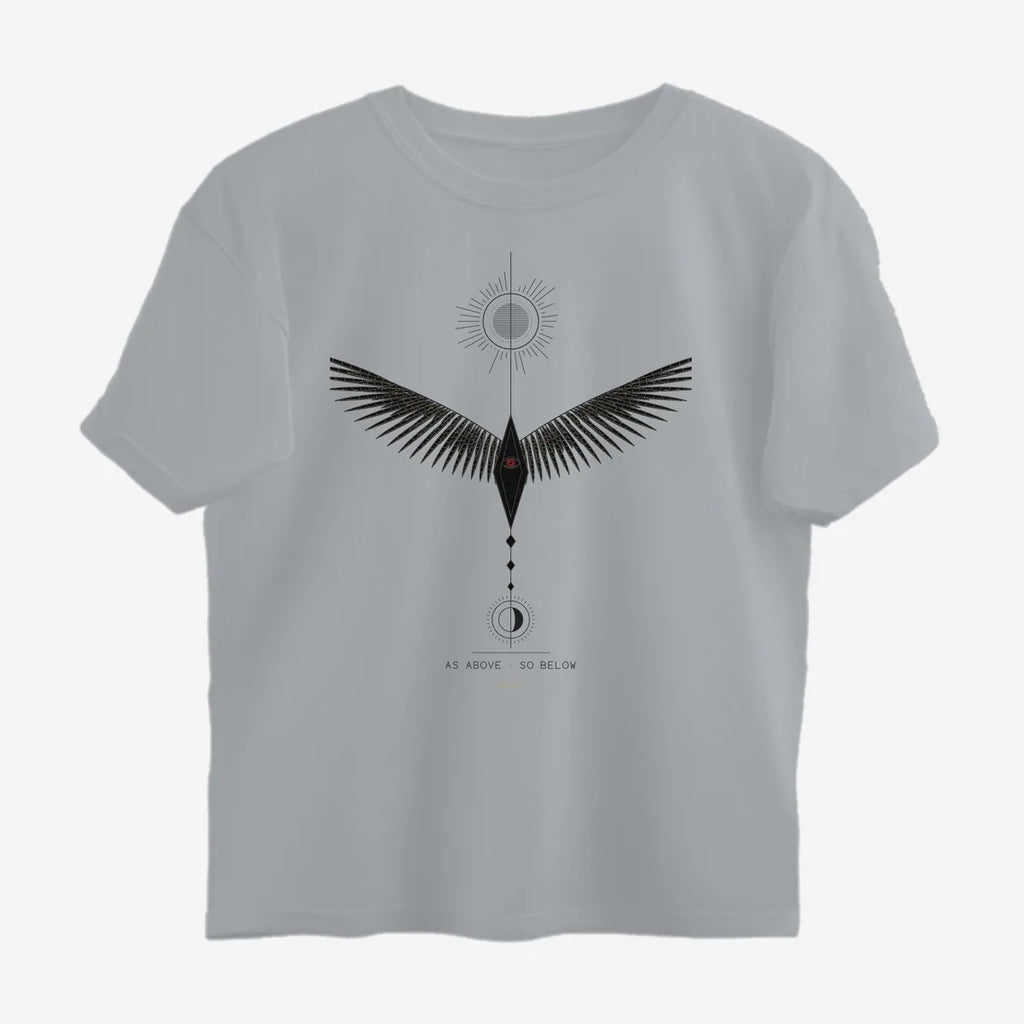Oztra Ascension grey melange oversized tee, front view showing the Ascension print