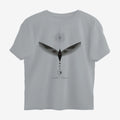 Oztra Ascension grey melange oversized tee, front view showing the Ascension print