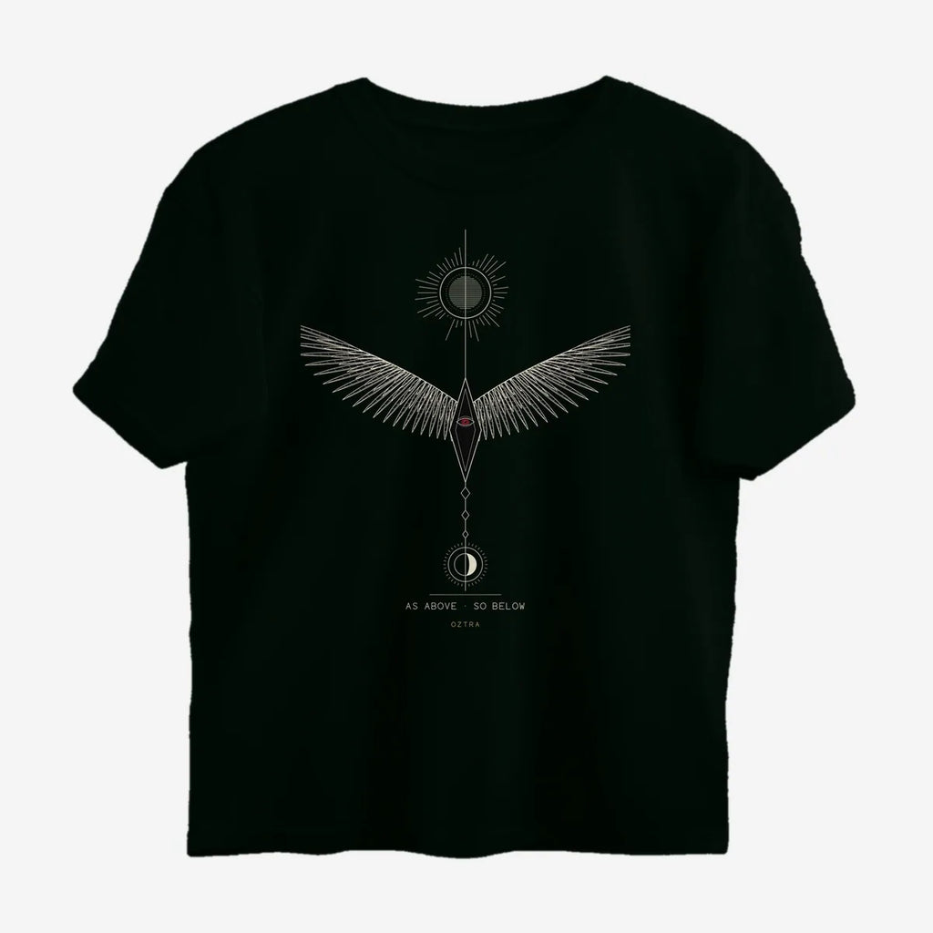 Oztra Ascension jet black oversized tee, front view showing the Ascension print
