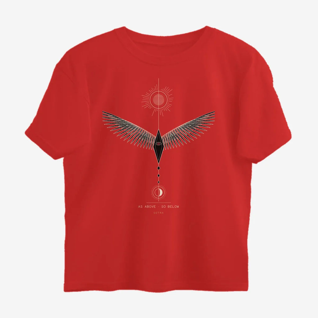 Oztra Ascension red oversized tee, front view showing the Ascension print