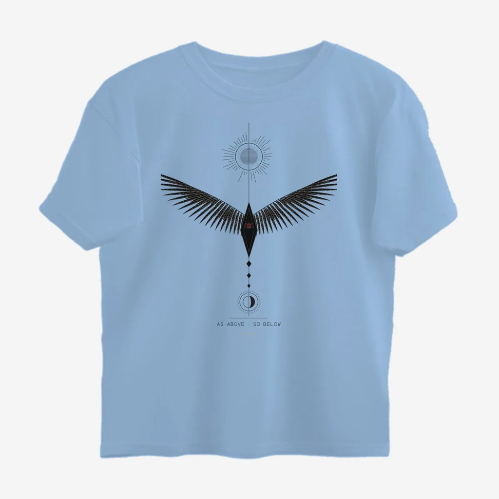 Oztra Ascension sky blue oversized tee, front view showing the Ascension print