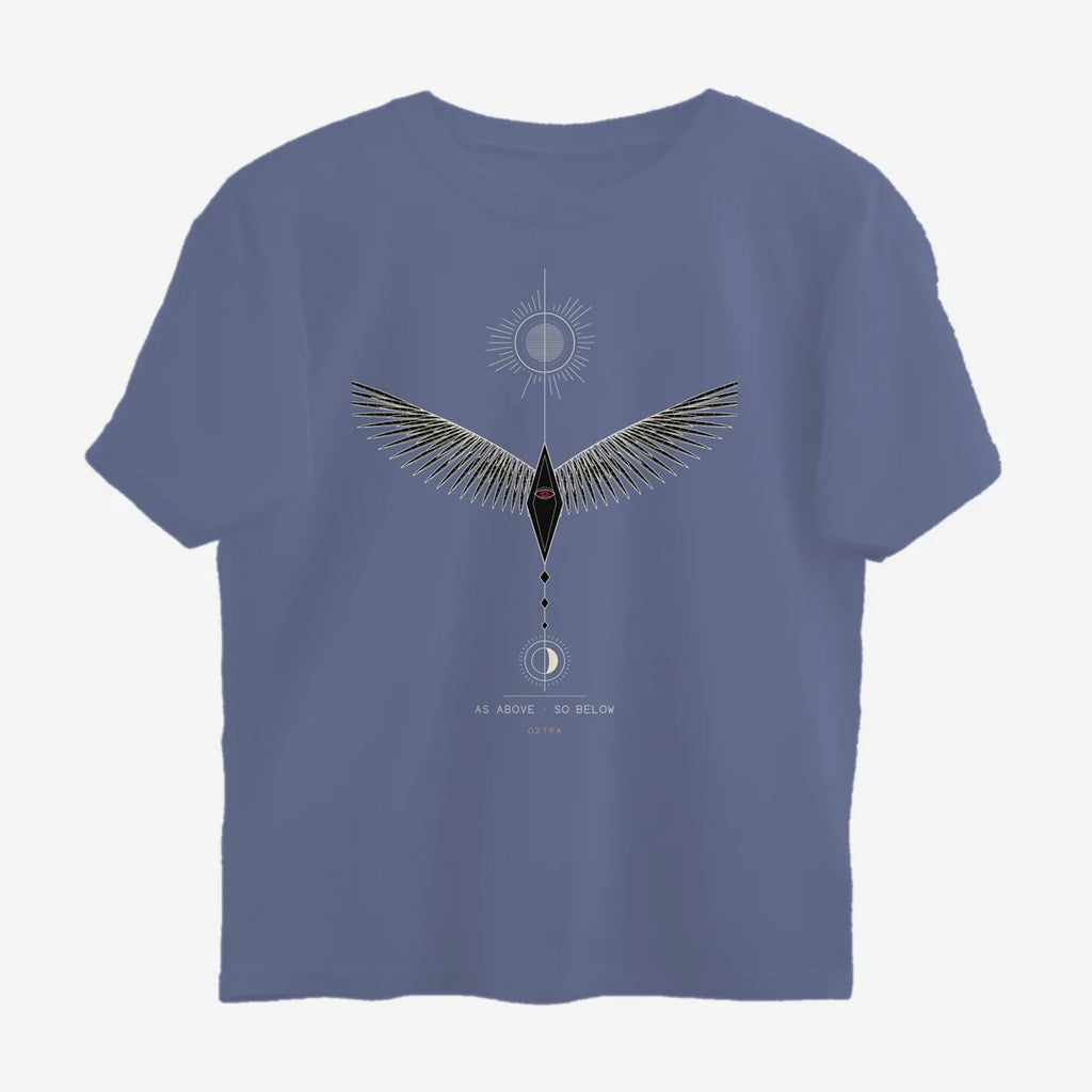 Oztra Ascension steel blue oversized tee, front view showing the Ascension print