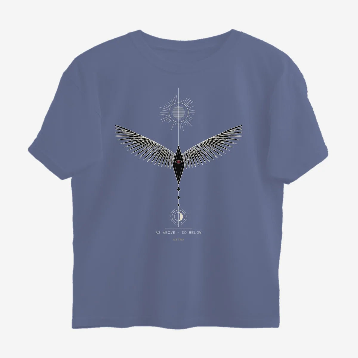 Oztra Ascension steel blue oversized tee, front view showing the Ascension print