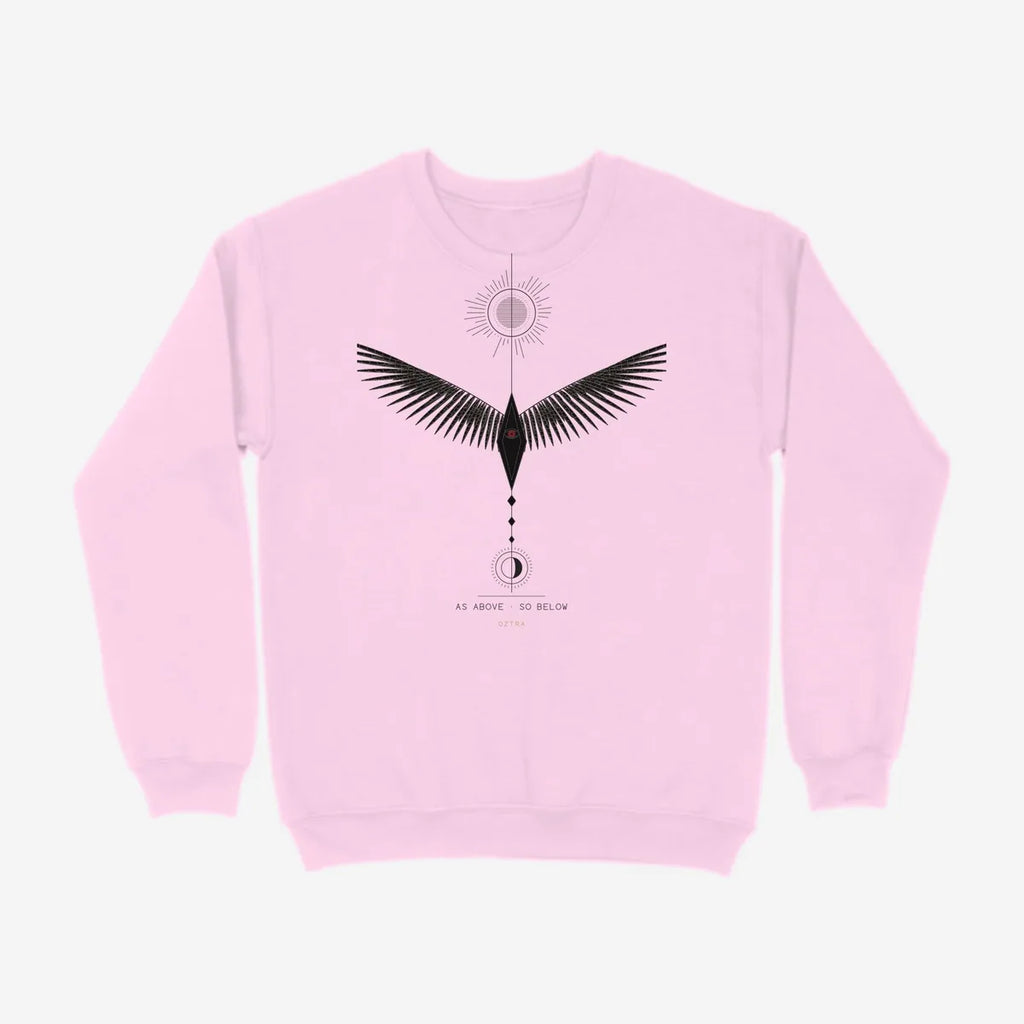 Oztra Ascension baby pink sweatshirt, front view showing the Ascension print