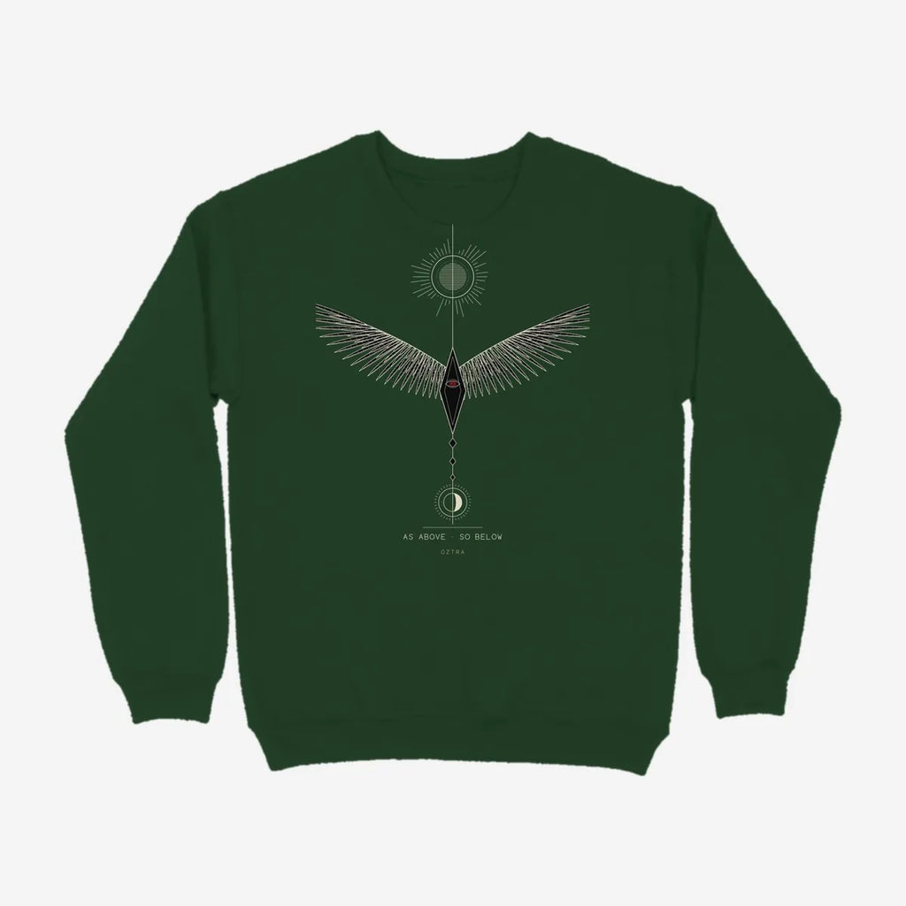 Oztra Ascension bottle green sweatshirt, front view showing the Ascension print