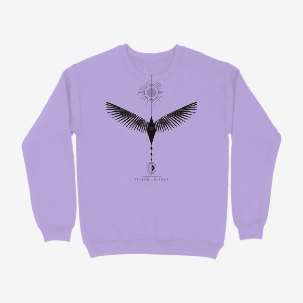 Oztra Ascension lavender sweatshirt, front view showing the Ascension print