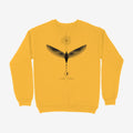 Oztra Ascension mustard sweatshirt, front view showing the Ascension print
