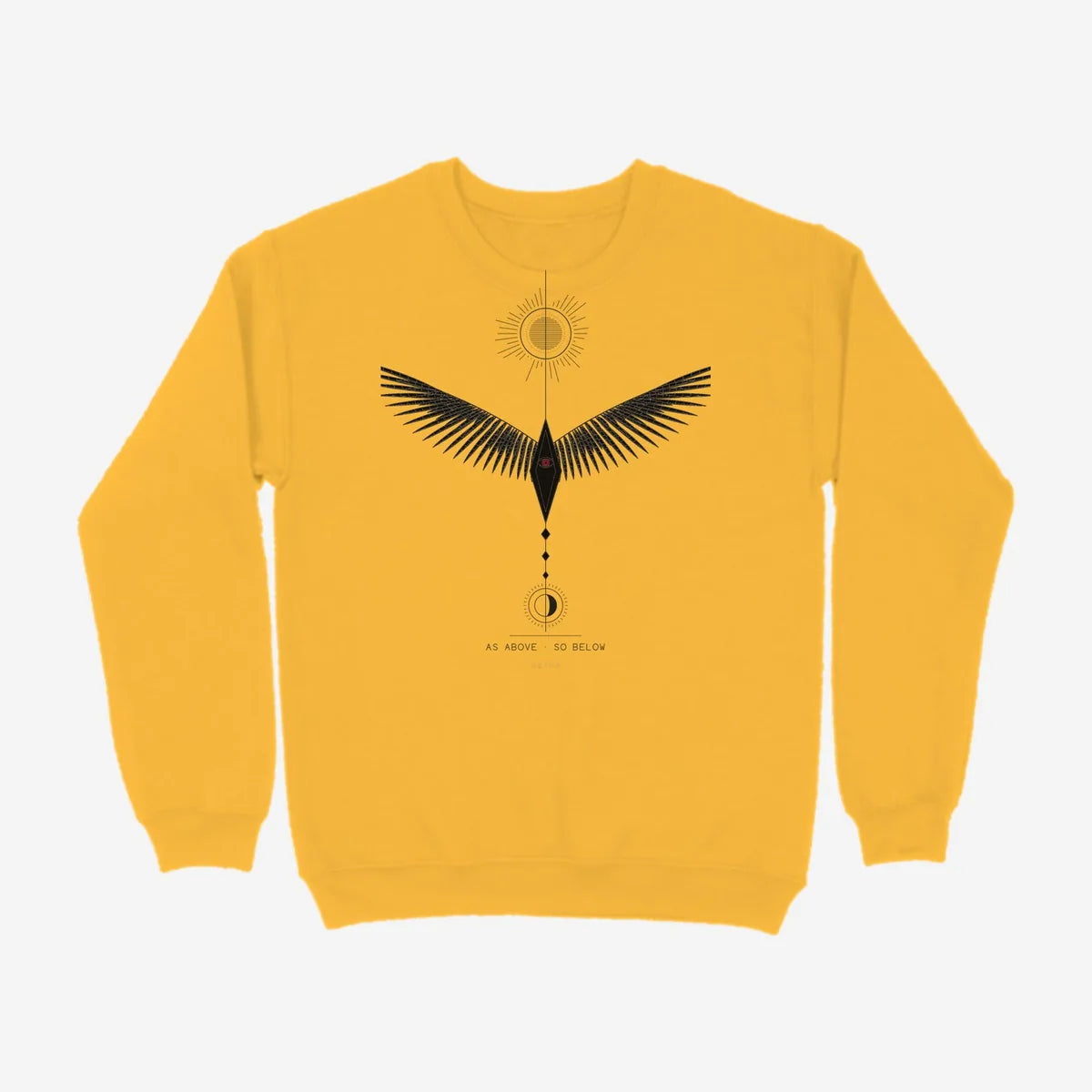 Oztra Ascension mustard sweatshirt, front view showing the Ascension print