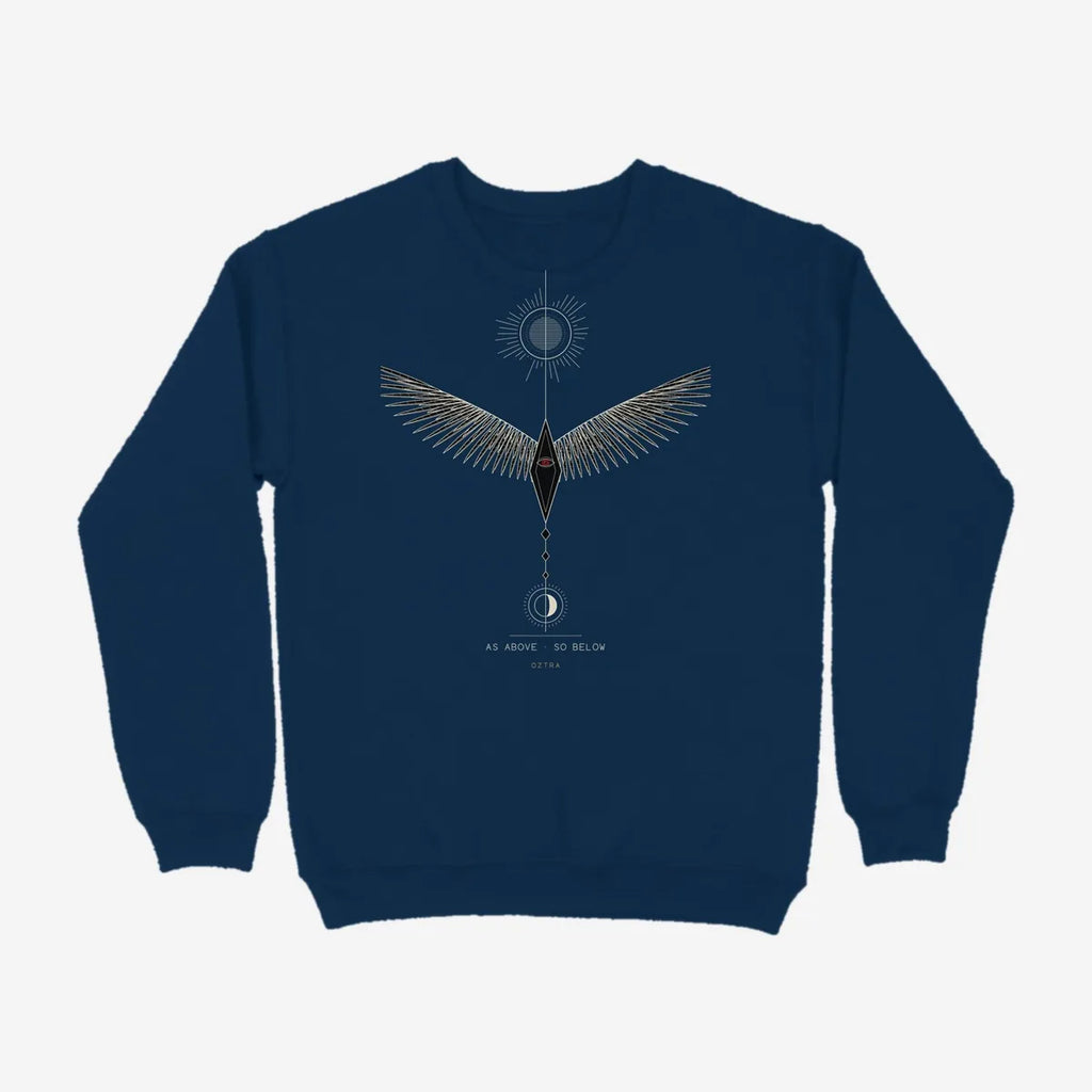 Oztra Ascension navy sweatshirt, front view showing the Ascension print