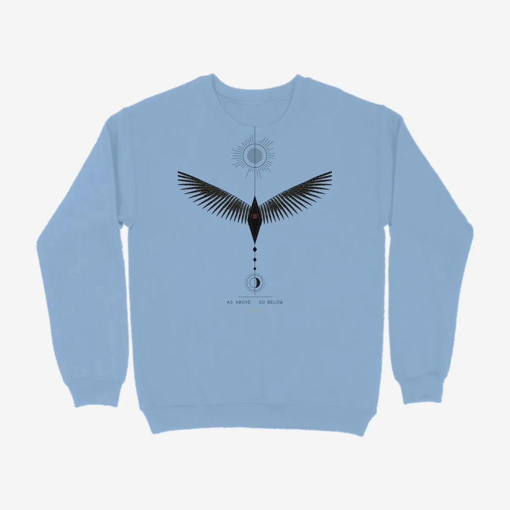 Oztra Ascension sky blue sweatshirt, front view showing the Ascension print