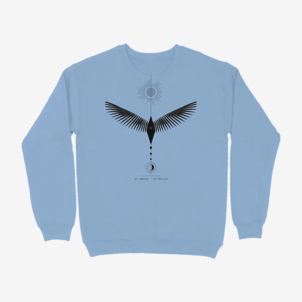 Oztra Ascension sky blue sweatshirt, front view showing the Ascension print