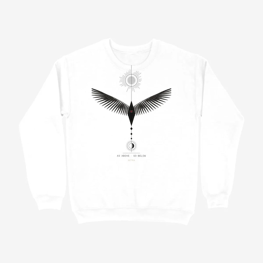 Oztra Ascension white sweatshirt, front view showing the Ascension print