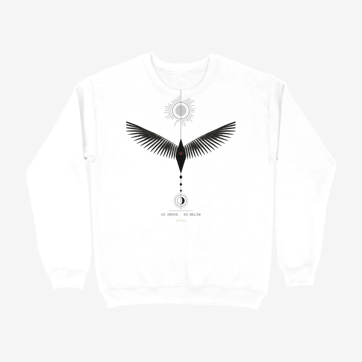 Oztra Ascension white sweatshirt, front view showing the Ascension print