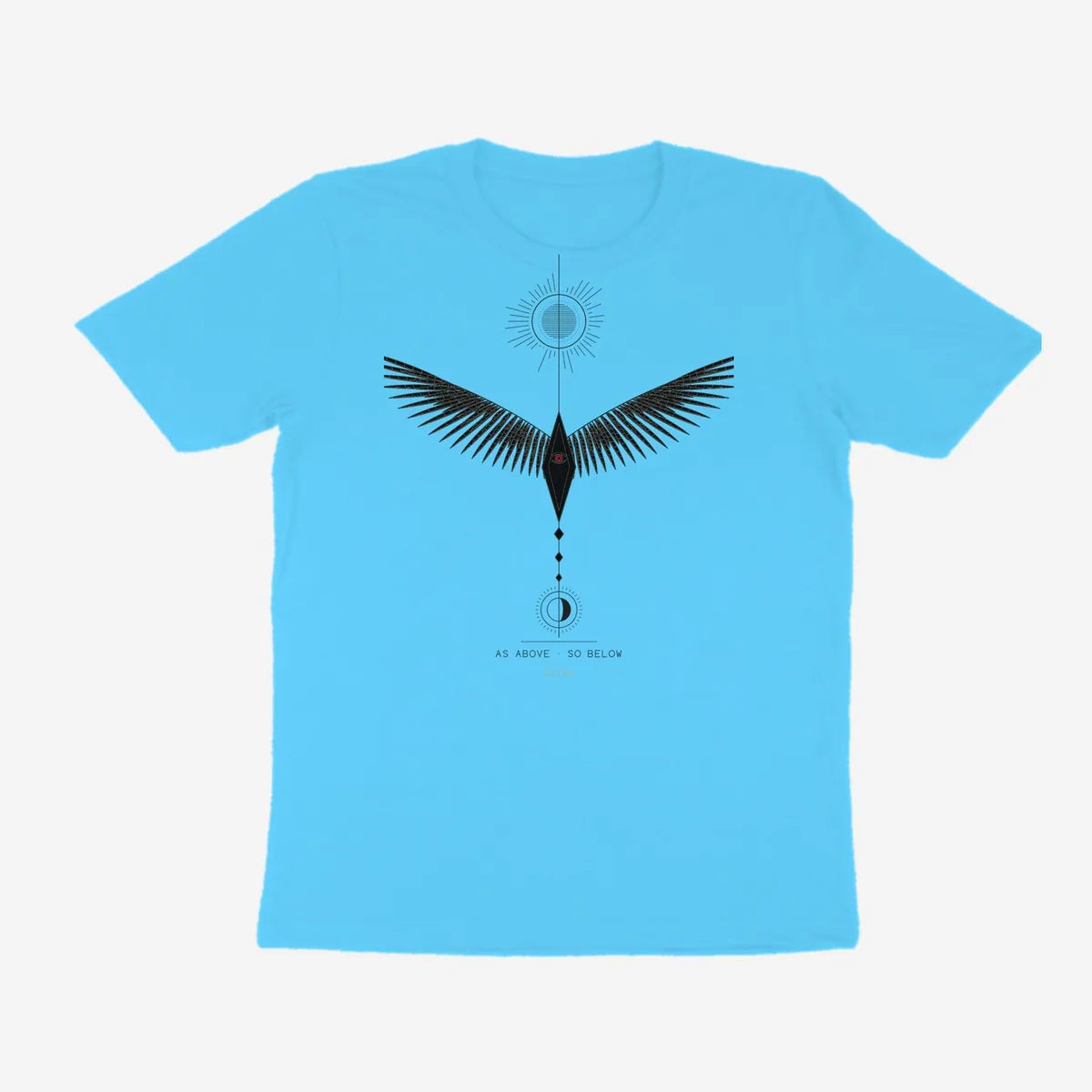 Oztra Ascension aqua blue tee, front view showing the Ascension print