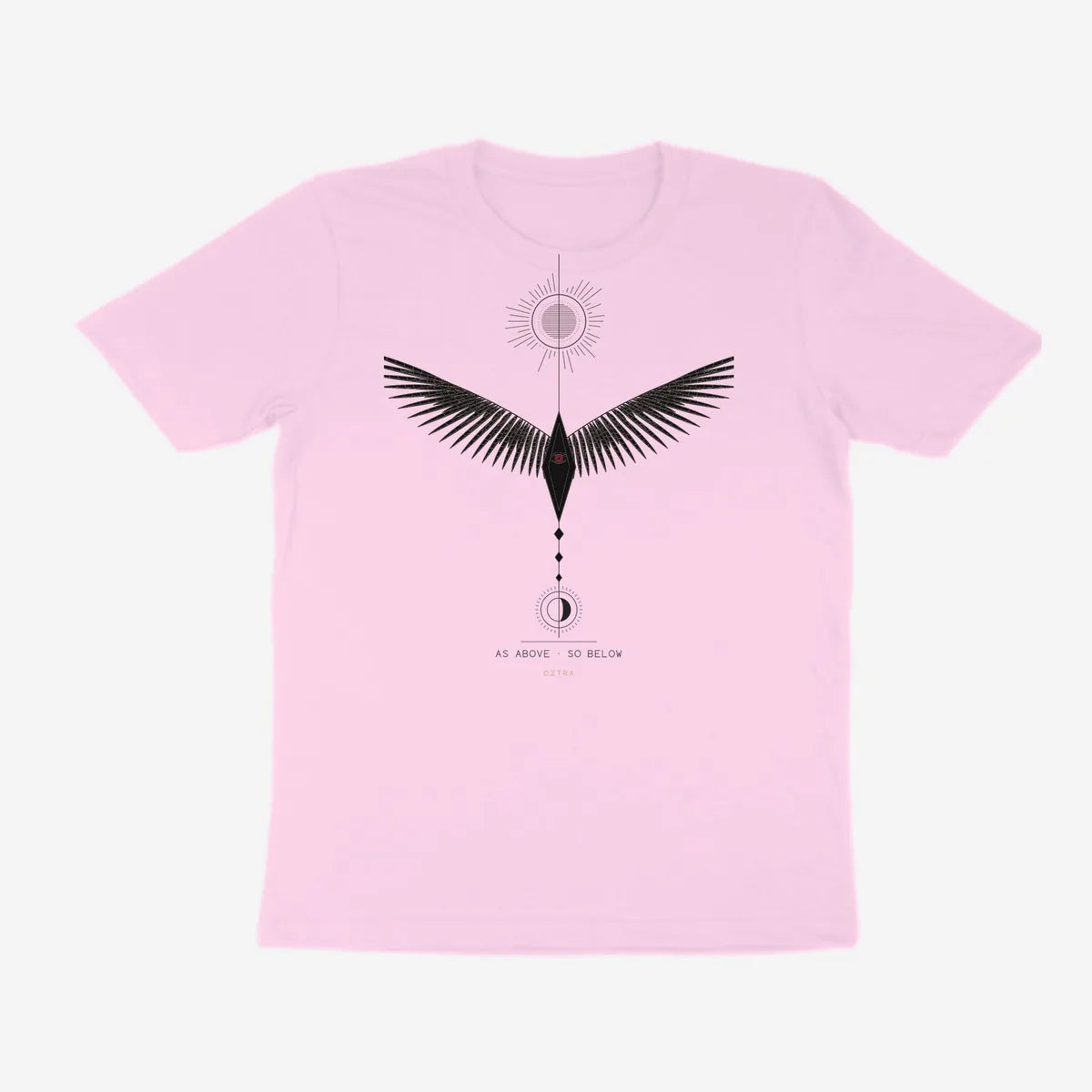 Oztra Ascension baby pink tee, front view showing the Ascension print