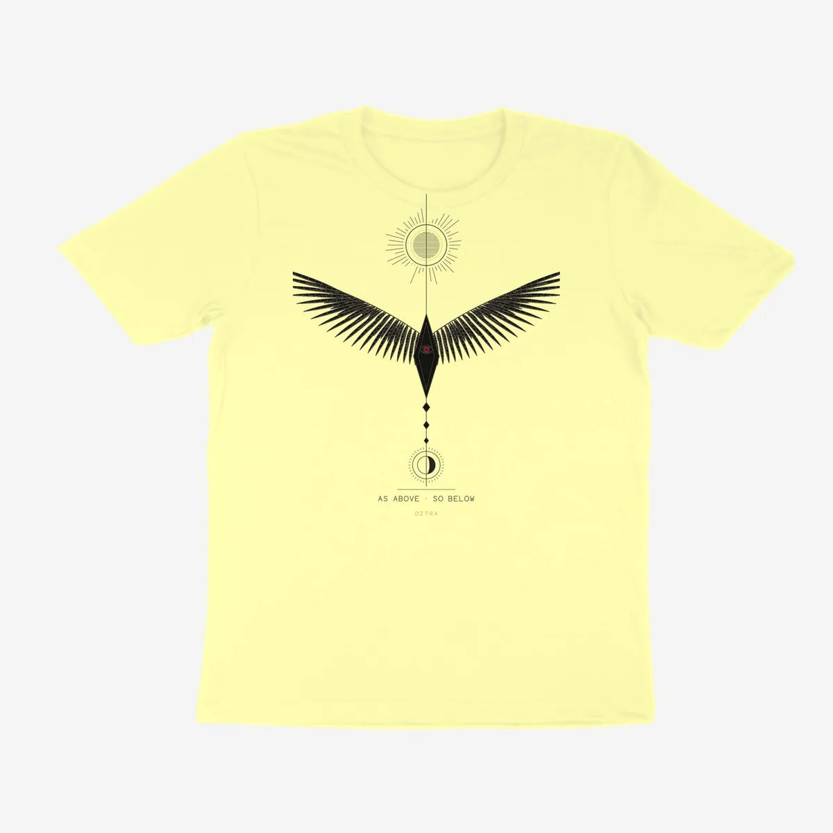 Oztra Ascension butter yellow tee, front view showing the Ascension print