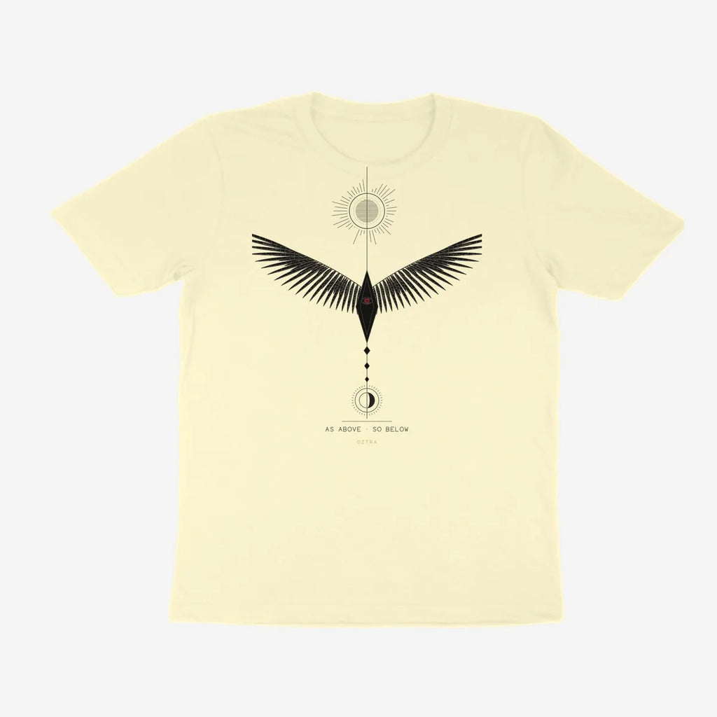 Oztra Ascension cream tee, front view showing the Ascension print