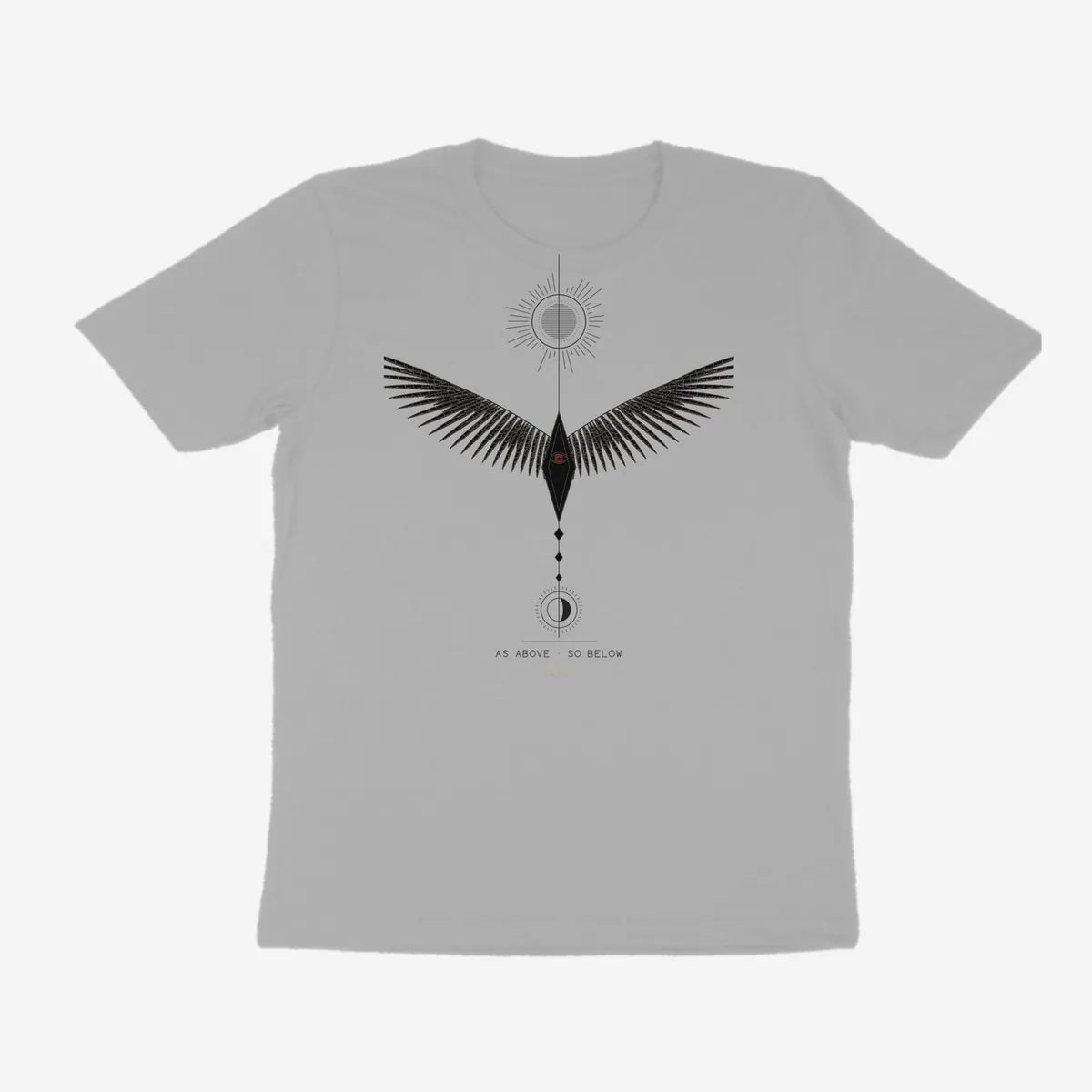 Oztra Ascension grey melange tee, front view showing the Ascension print