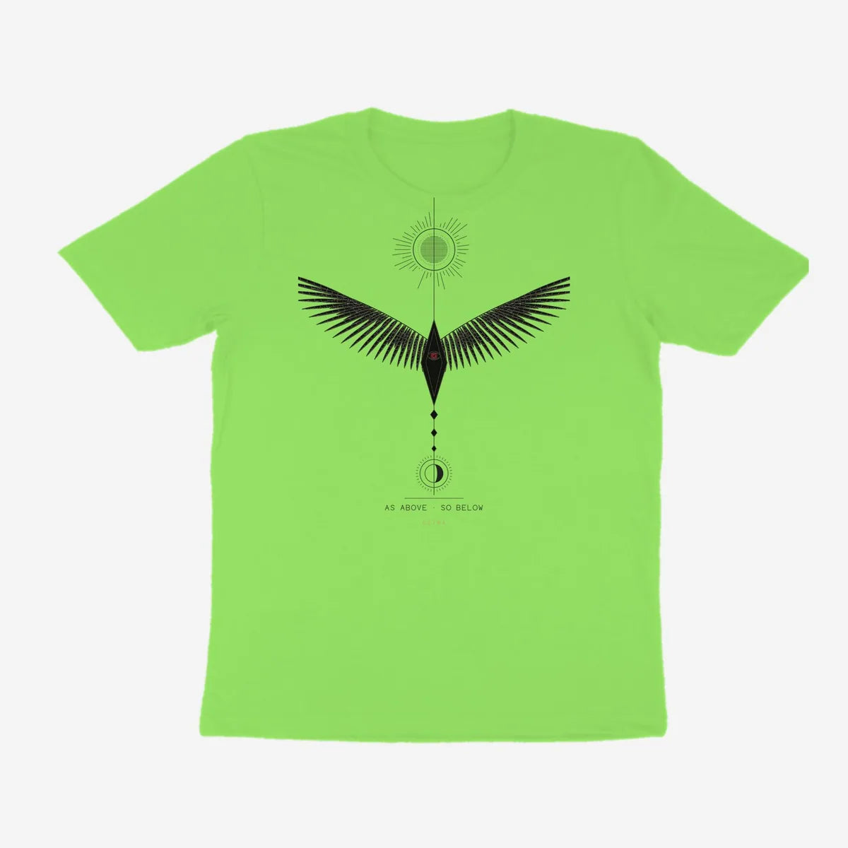 Oztra Ascension lime green tee, front view showing the Ascension print
