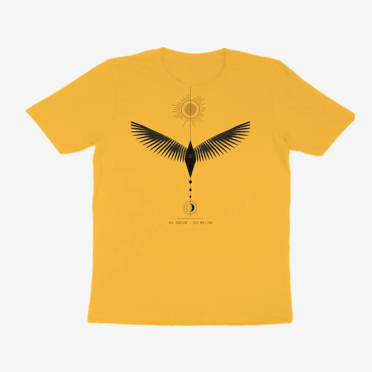 Oztra Ascension mustard tee, front view showing the Ascension print