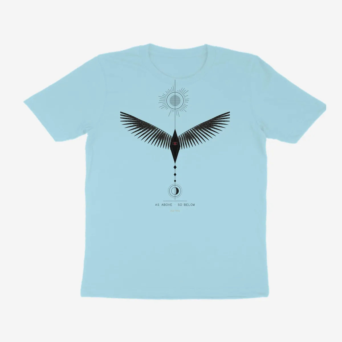 Oztra Ascension powder blue tee, front view showing the Ascension print