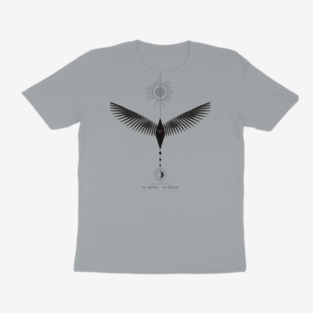 Oztra Ascension silver grey tee, front view showing the Ascension print