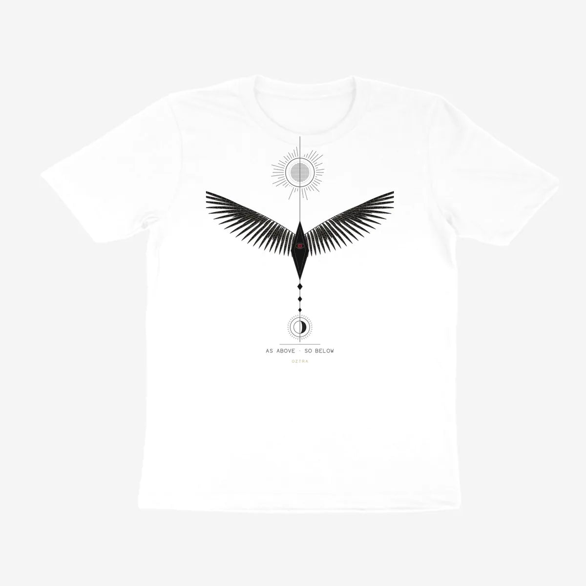 Oztra Ascension white tee, front view showing the Ascension print