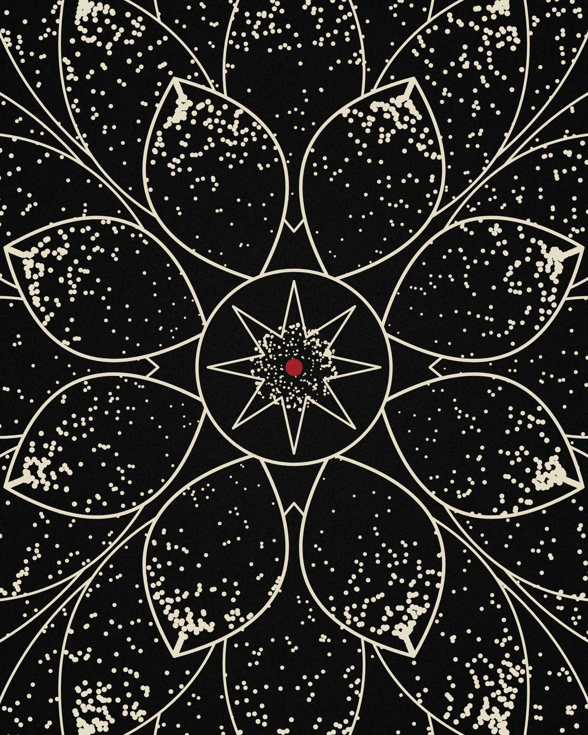 Close-up detail of the Oztra Bloom linework showing dot-work bone stipple with a crimson centre