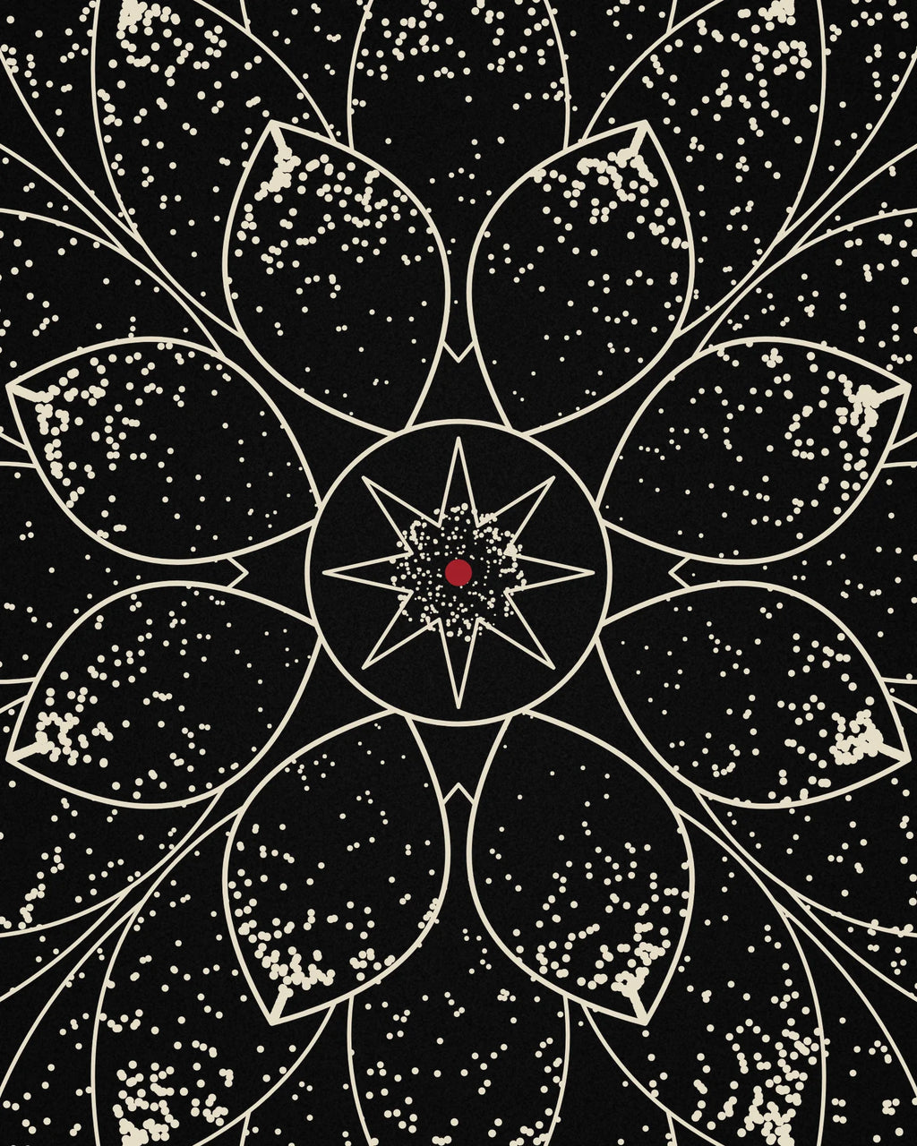 Close-up detail of the Oztra Bloom linework showing dot-work bone stipple with a crimson centre