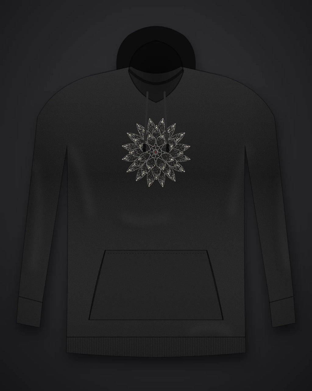 Oztra Bloom black hoodie, front view showing the Bloom print