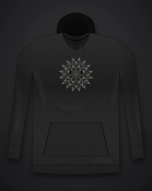 Oztra Bloom black hoodie, front view showing the Bloom print
