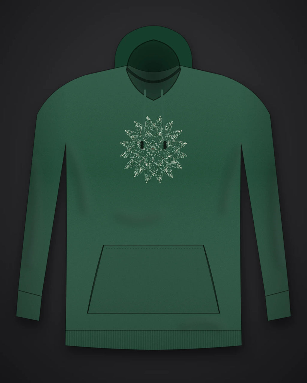Oztra Bloom bottle green hoodie, front view showing the Bloom print