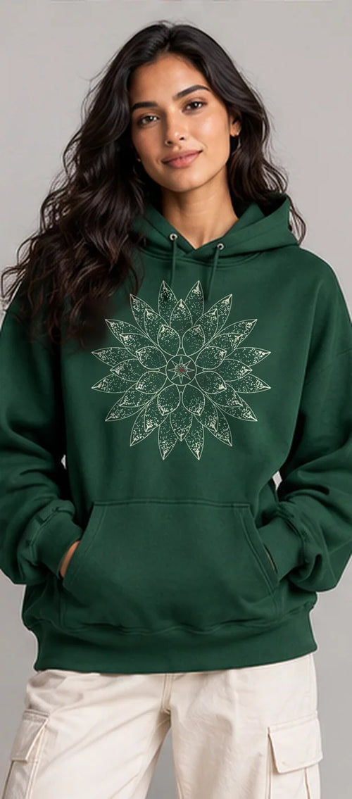 Model wearing the Oztra Bloom hoodie in bottle green