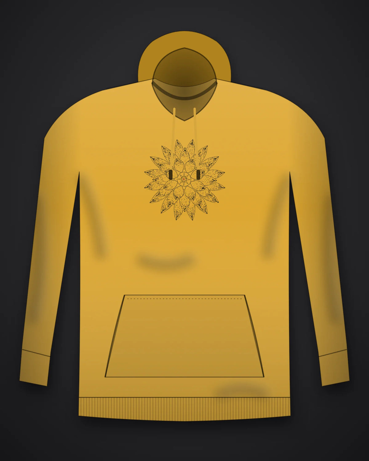 Oztra Bloom mustard hoodie, front view showing the Bloom print