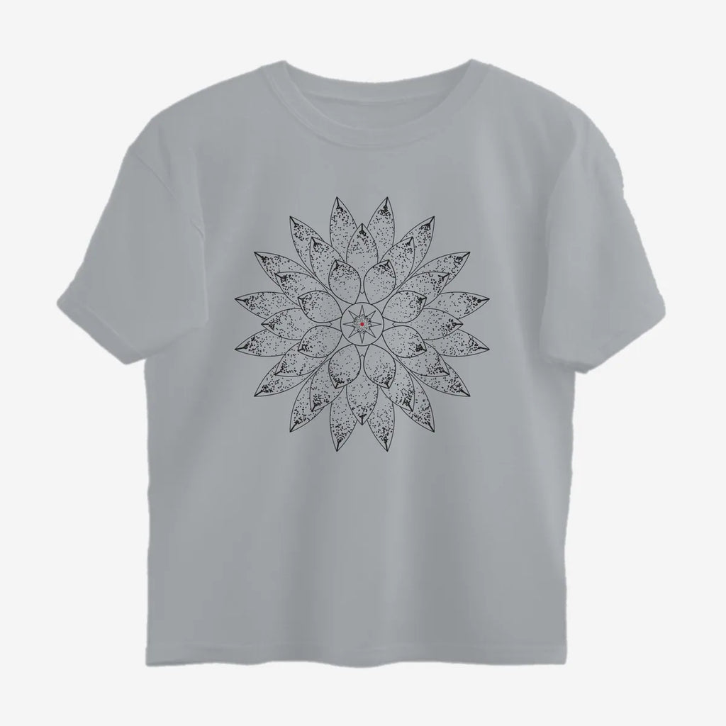Oztra Bloom grey melange oversized tee, front view showing the Bloom print