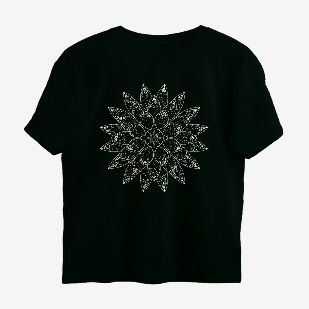 Oztra Bloom jet black oversized tee, front view showing the Bloom print