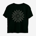 Oztra Bloom jet black oversized tee, front view showing the Bloom print
