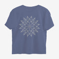 Oztra Bloom steel blue oversized tee, front view showing the Bloom print