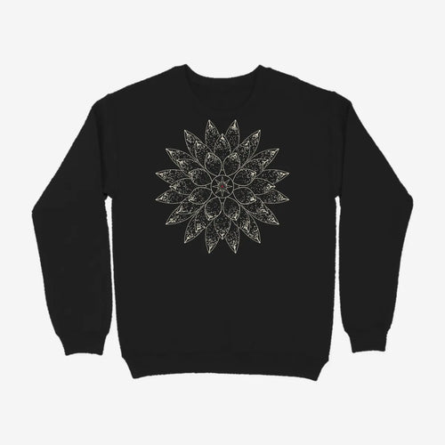 Oztra Bloom black sweatshirt, front view showing the Bloom print