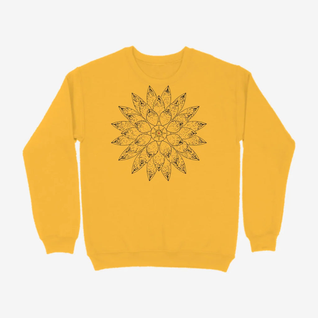 Oztra Bloom mustard sweatshirt, front view showing the Bloom print