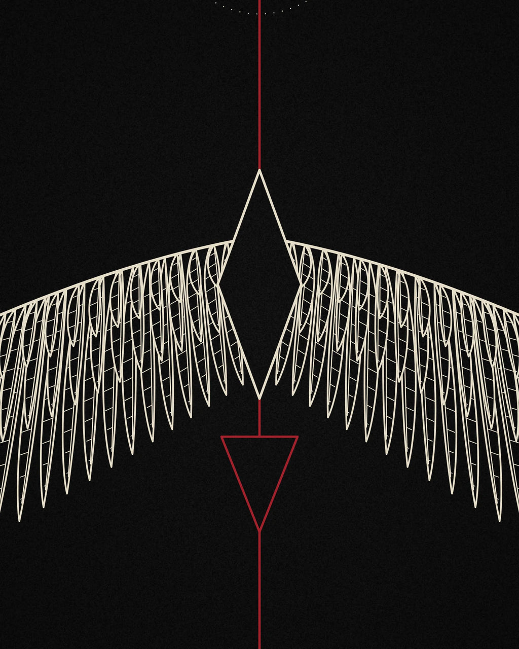 Close-up detail of the Oztra Descent linework showing bone wings on a crimson axis