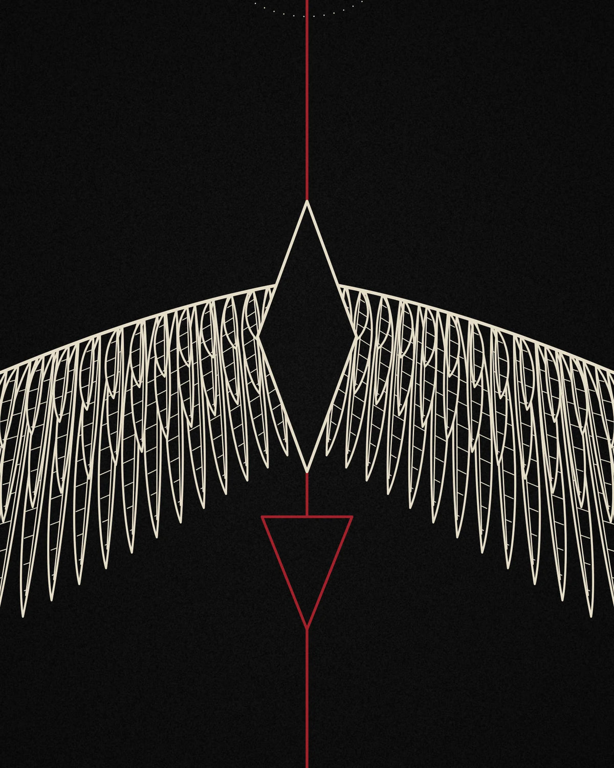 Close-up detail of the Oztra Descent linework showing bone wings on a crimson axis