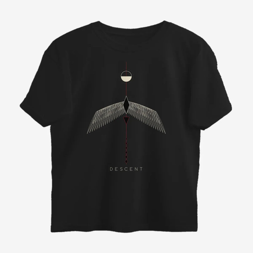 Oztra Descent black oversized tee, front view showing the Descent print