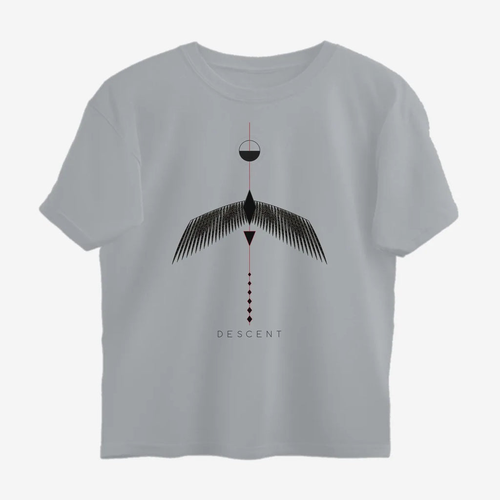 Oztra Descent grey melange oversized tee, front view showing the Descent print