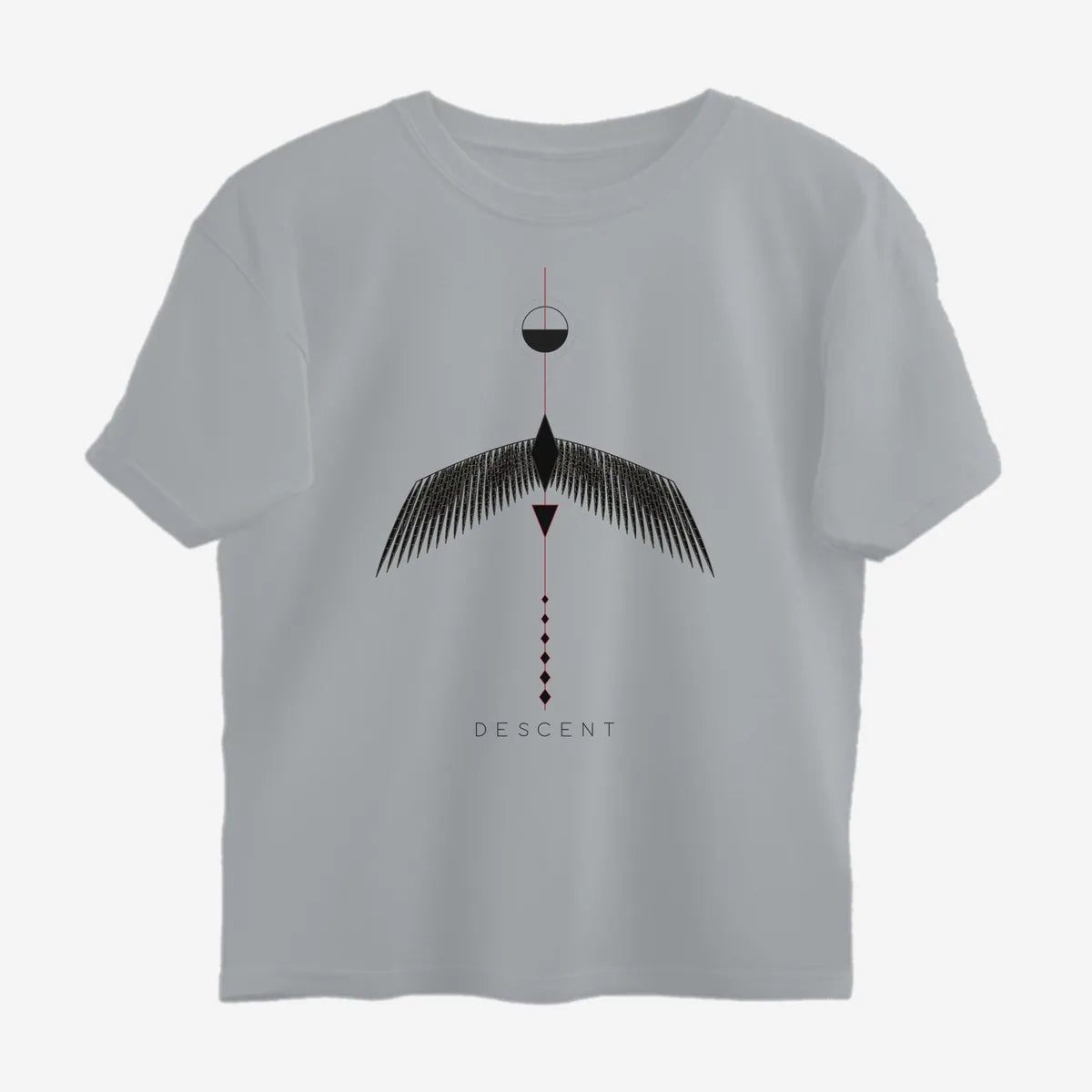 Oztra Descent grey melange oversized tee, front view showing the Descent print