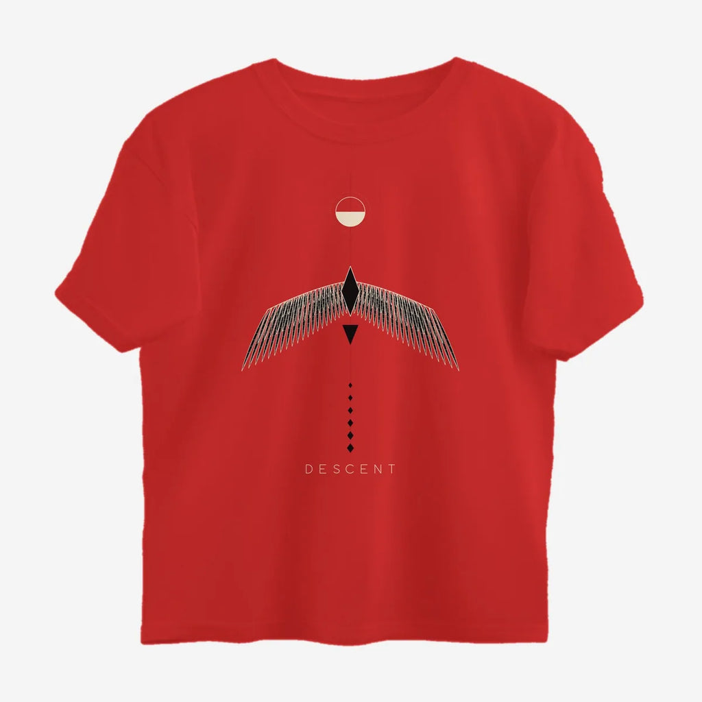 Oztra Descent red oversized tee, front view showing the Descent print