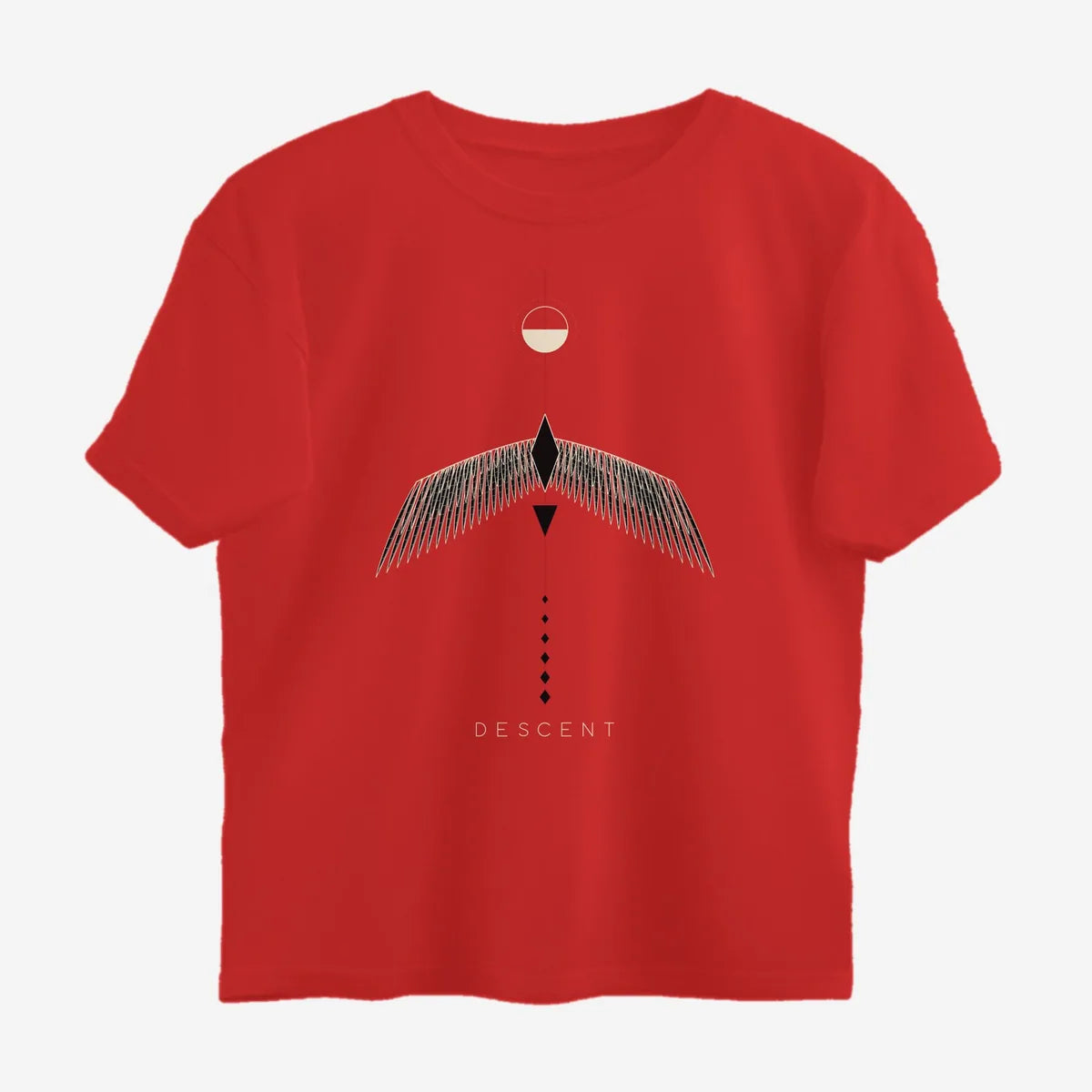 Oztra Descent red oversized tee, front view showing the Descent print