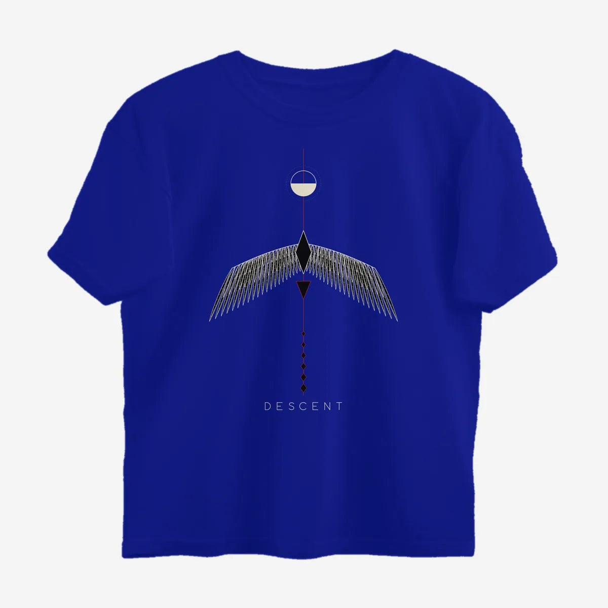 Oztra Descent royal blue oversized tee, front view showing the Descent print